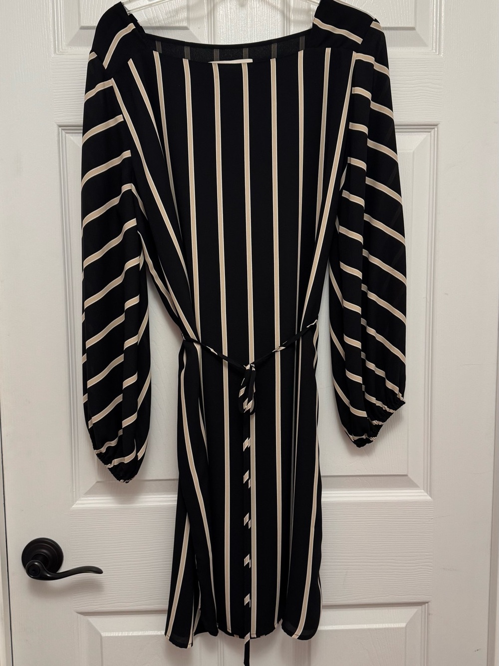 LOFT Black Dress with Cream Vertical Stripes